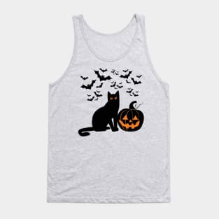 Pumpkin, black cat and bats on Halloween, black and orange Tank Top